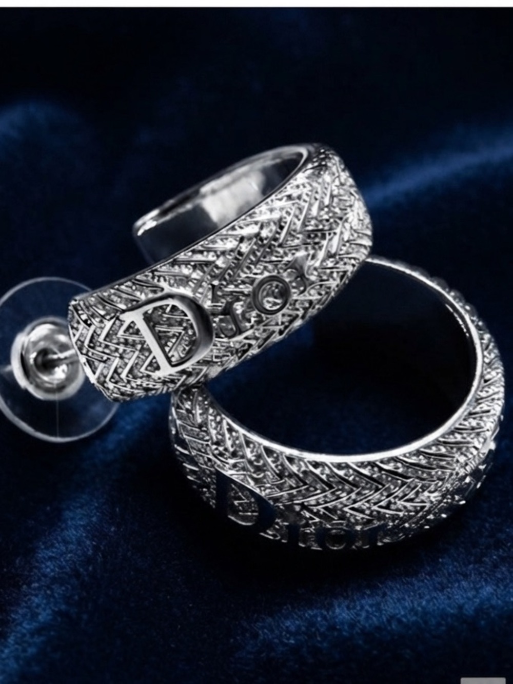 Silver tone/ Textured Hoop Earrings with Raised Letters Detail
